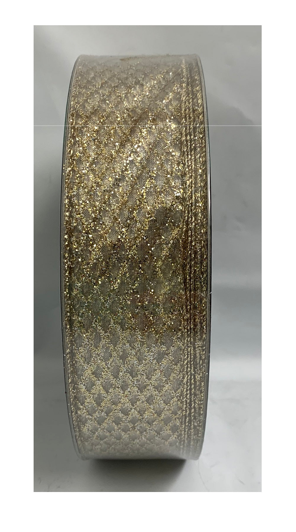 Christmas Premium Wired Edged Ribbon Gold with Gold Diamond Shapes 1.5" x 50 Yards