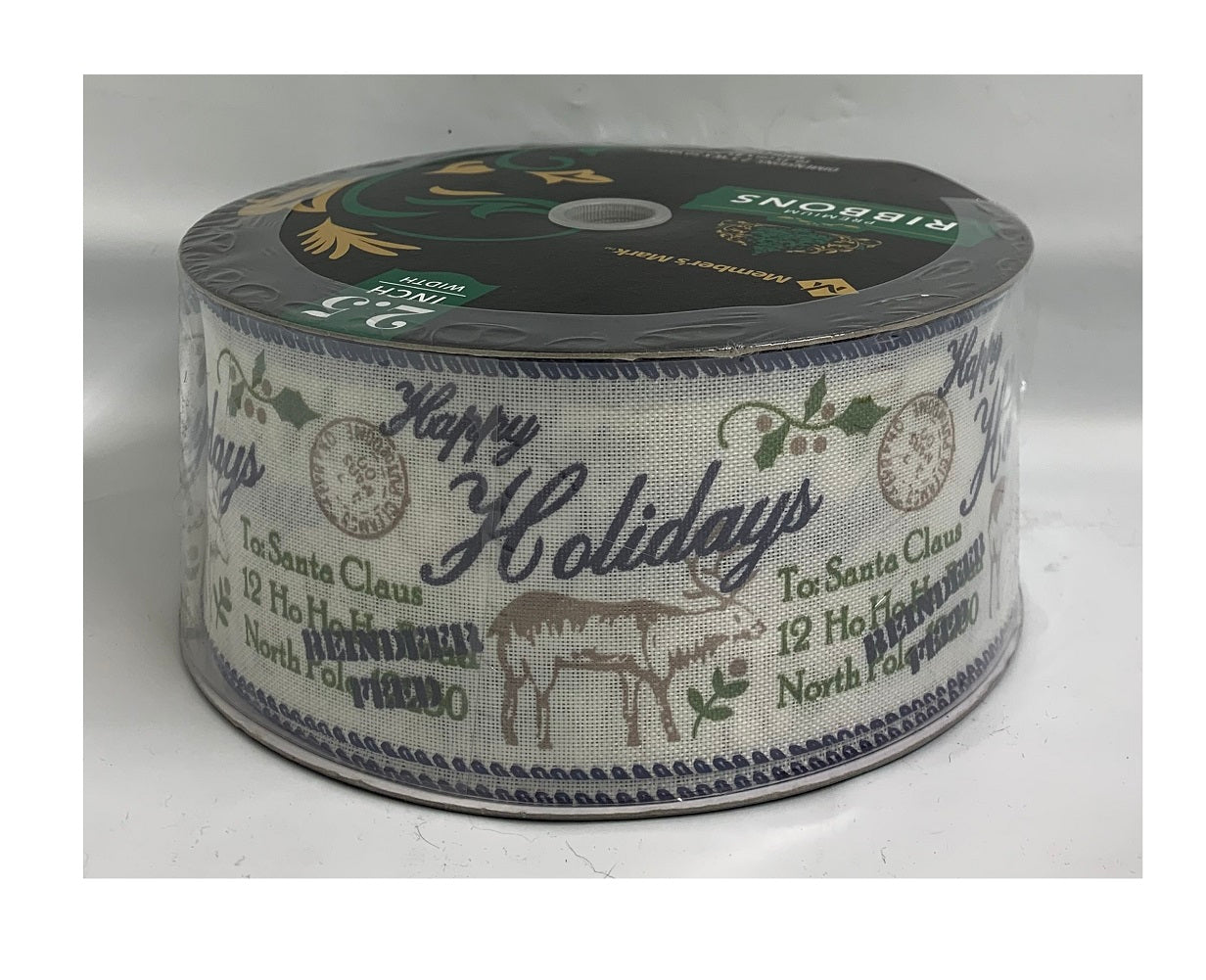 Premium 50 yards Happy Holidays Reindeer Santa Address Ribbon Wired Edged