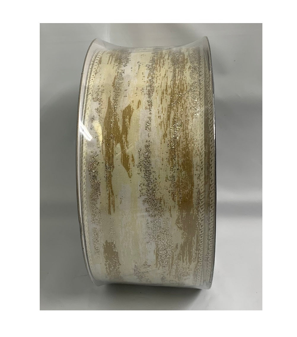 IVORY and GOLD with SILVER GLITTER 2.5 Inch Wide  WIRE EDGE RIBBON 50 Yards