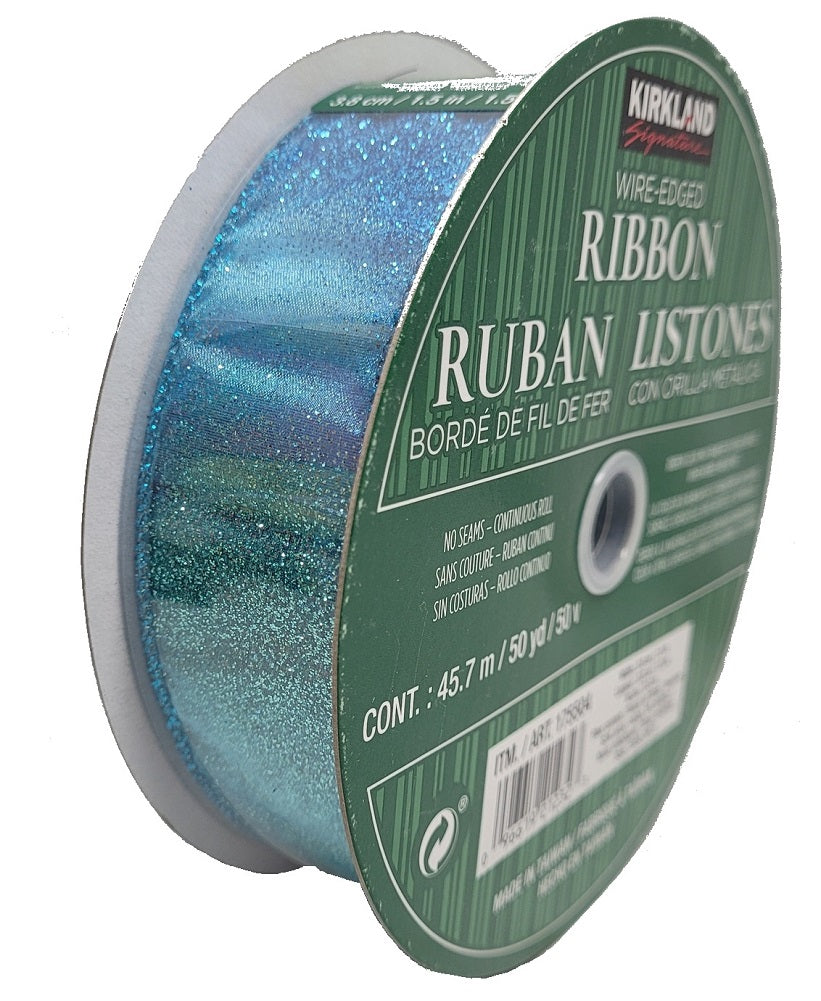 Kirkland Signature Wire Edged Turquoise Glitter Ribbon 50 yards 1.5 inches