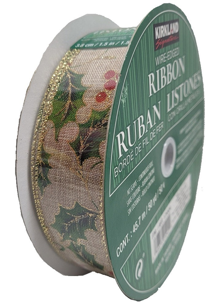 Kirkland Signature Wire Edged Holly Burlap Ribbon with Gold Edge 50 yrds 1.5 in