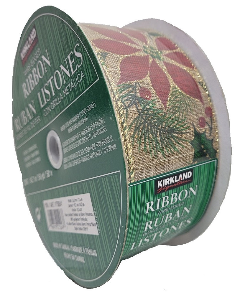 Kirkland Wire Edged Ribbon Gold Trimmed Poinsettia Ribbon 50 Yards 2.5 inches