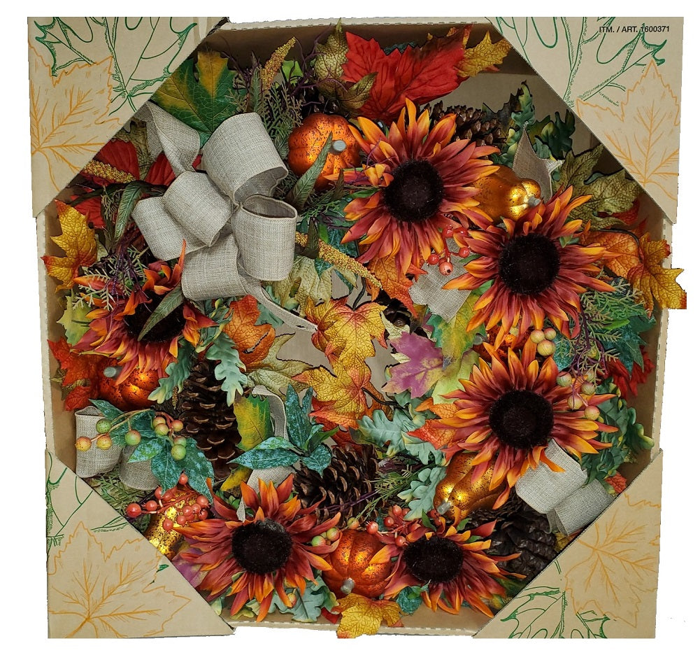 30-inch Fall Harvest Decorated Artificial Wreath with Orange Sunflowers