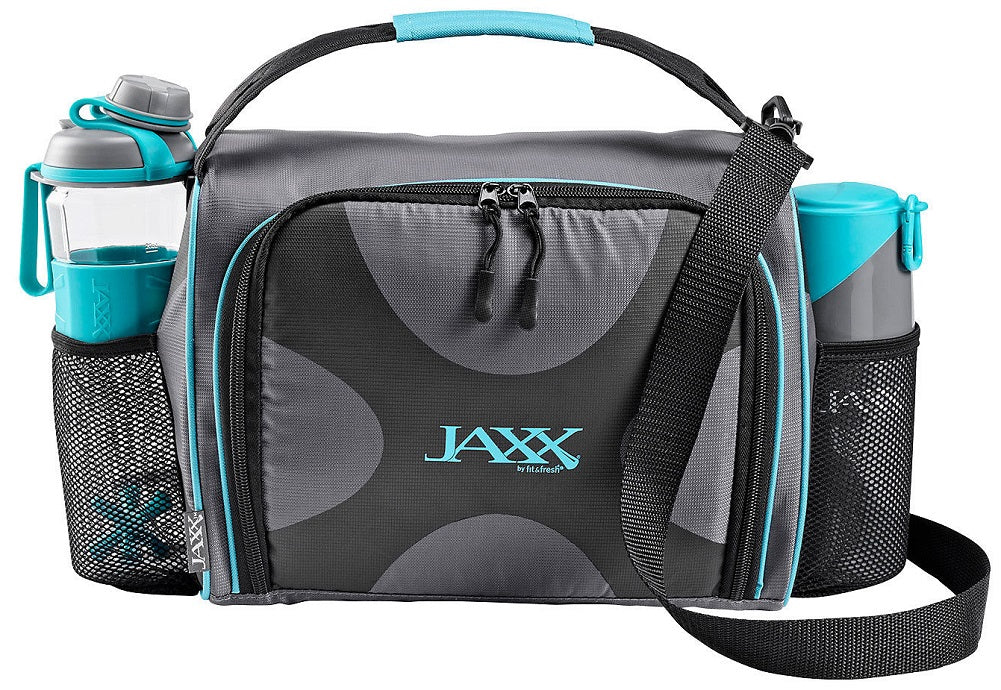JAXX FitPak Deluxe Meal Prep Bag, Snack Container & Shaker Bottle Grey/Teal