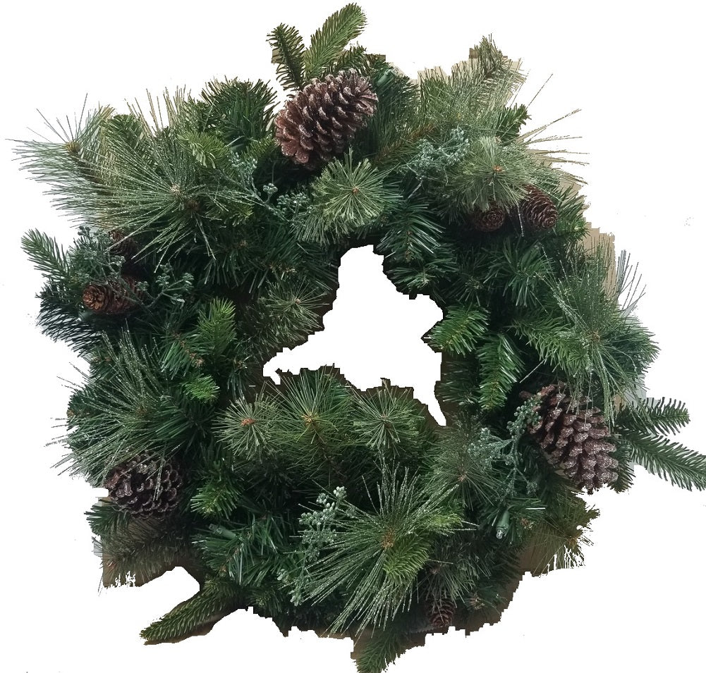 24" Battery Operated Mixed Greenery Wreath Decorated with Pine Cones & Lights