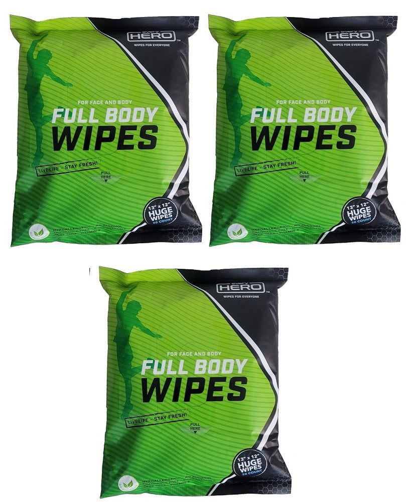 everyHERO Full Body Wipes for Adults 20-Count Unscented Extra Large 13"x 12" (3-Pack)