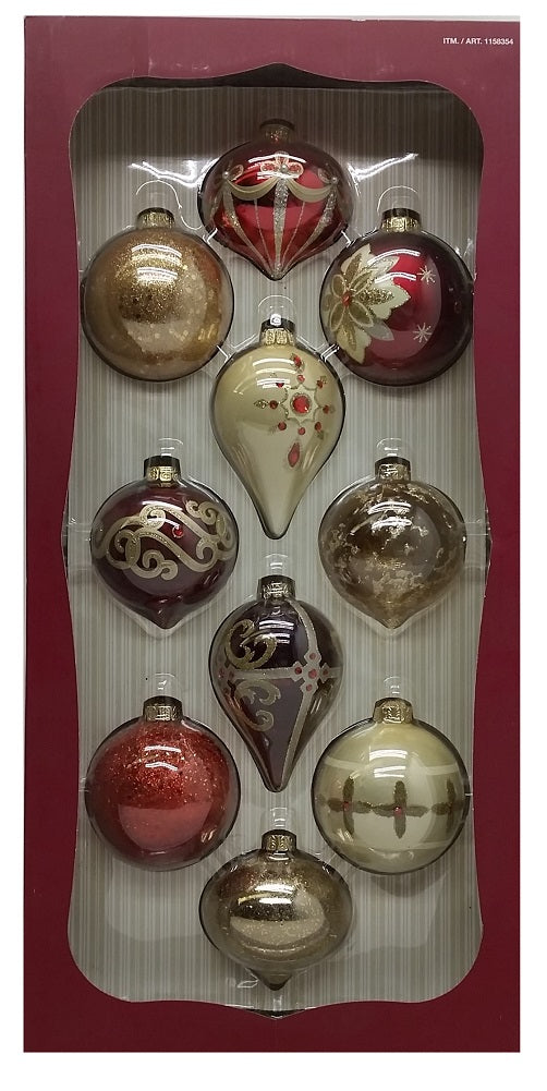 Kirkland Signature 10-Pack Hand Decorated Glass Ornaments, Red/Gold