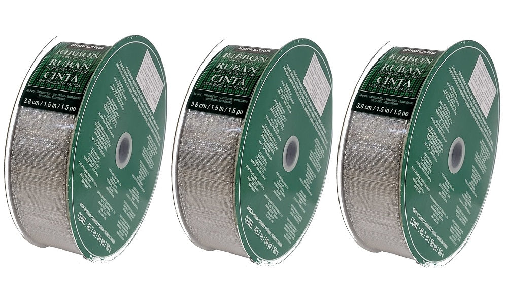 3-Pack Kirkland Signature Wire Edged Silver Metallic Ribbon 50 yards x 1.5 inches