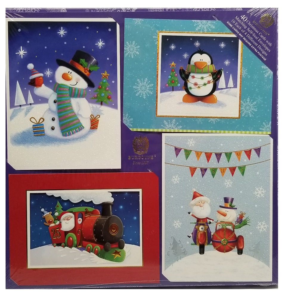 Burgoyne 40 Christmas Cards with Matching Self-Seal Envelopes Snowman/Penguin/Santa Scene