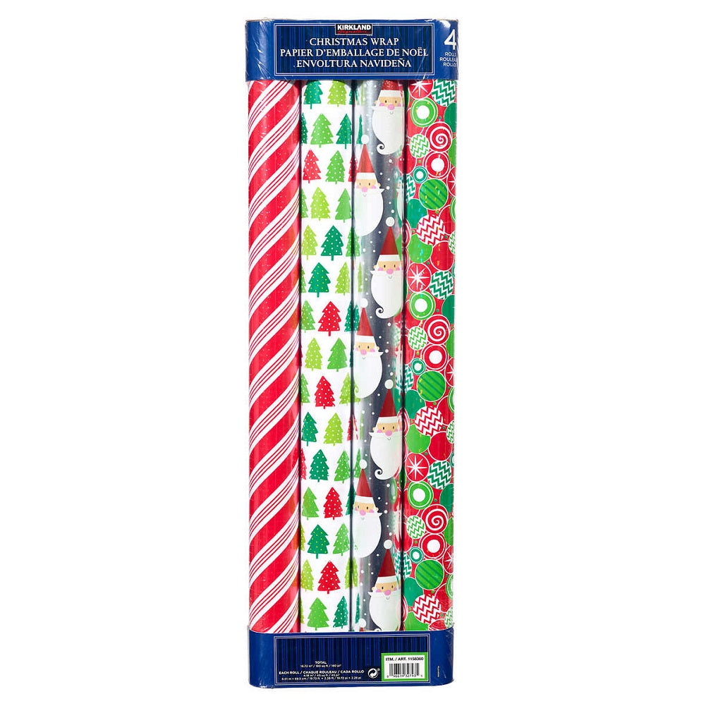 Kirkland Signature 4 Roll Christmas Gift Wrap 180 sq ft: Stripes/Trees/Santa/Circles