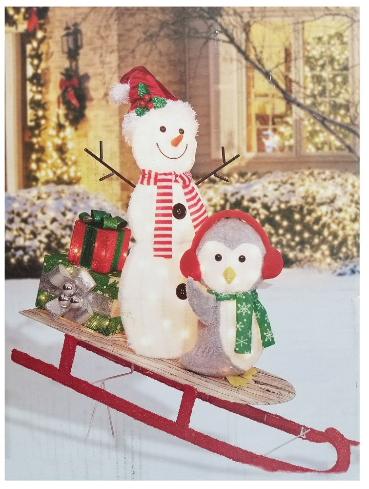 Holiday Time Christmas Light-Up Plush Snowman & Penguin On Sleigh 42"