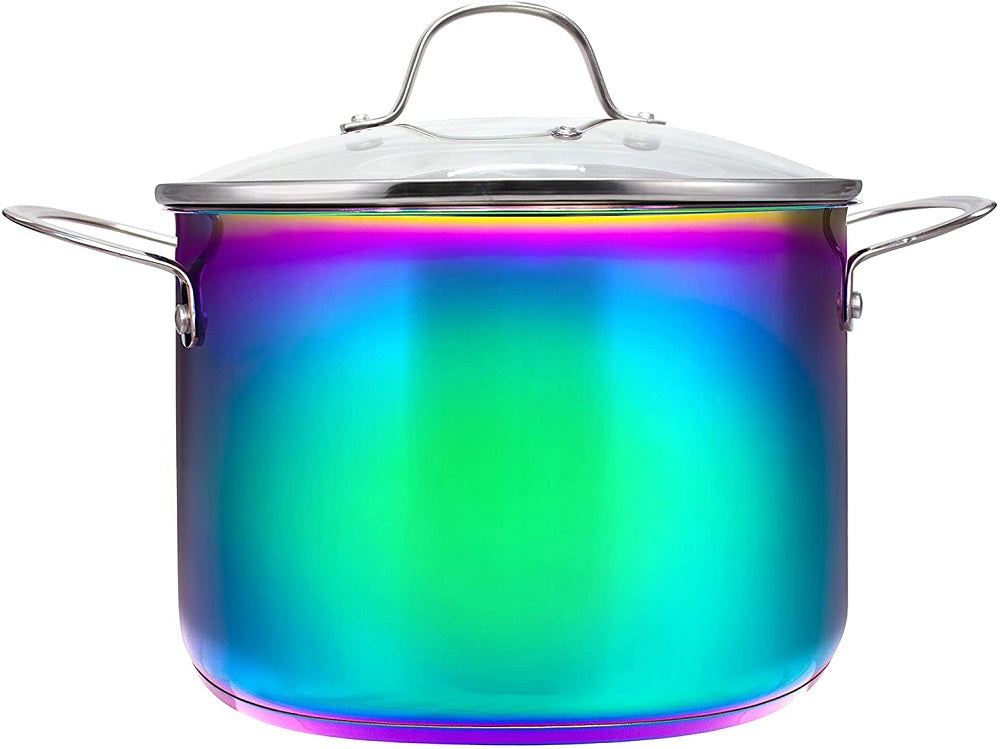 Iridescent Rainbow 8QT Stock Pot Encapsulated Base with Handles, Glass Lid