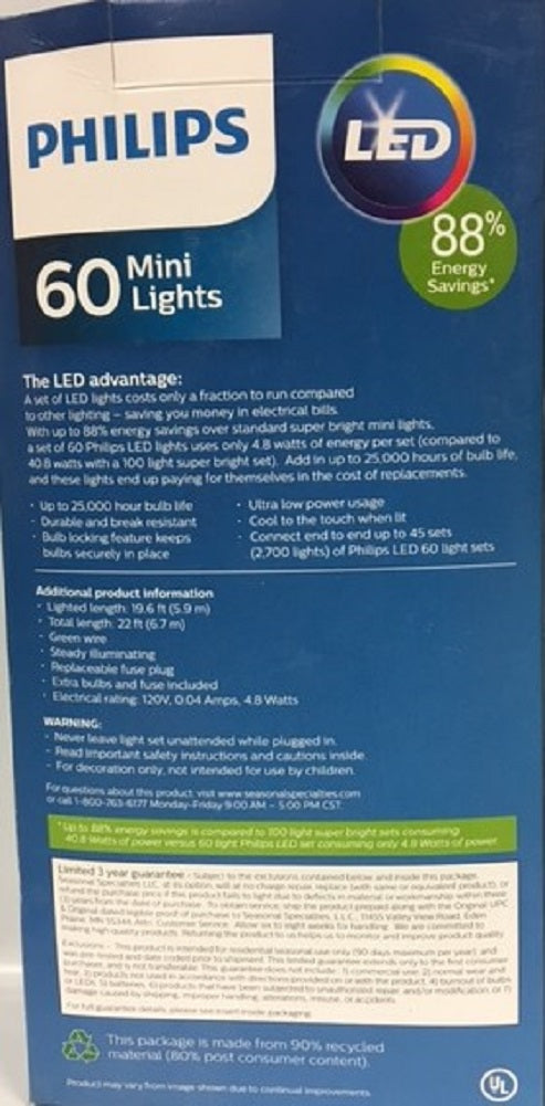 Philips 60ct christmas led smooth mini string store lights warm white with green wire