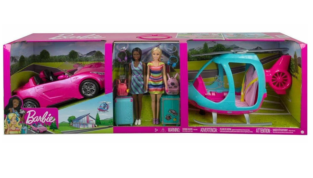 Barbie Girls Travel Adventure with 2 Barbie Dolls, Helicopter and Sports Car