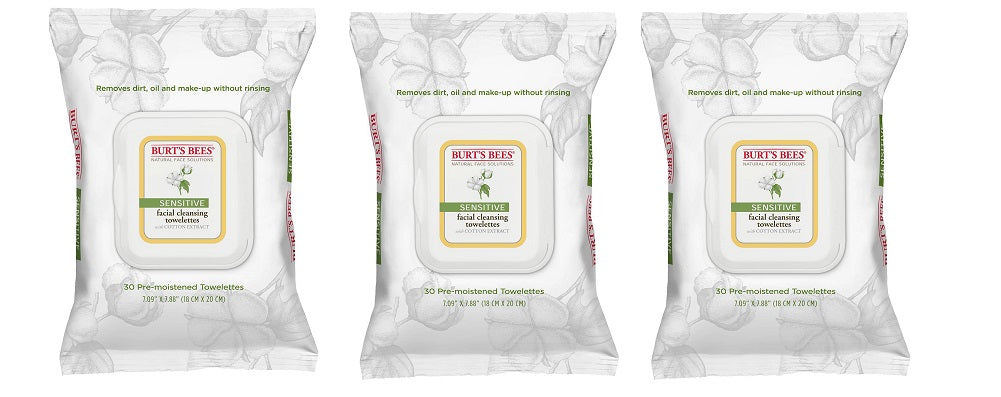 Burt's Bees Natural Sensitive Facial Cleansing Towelettes with Cotton Extract - 30 ct (3 Packs)