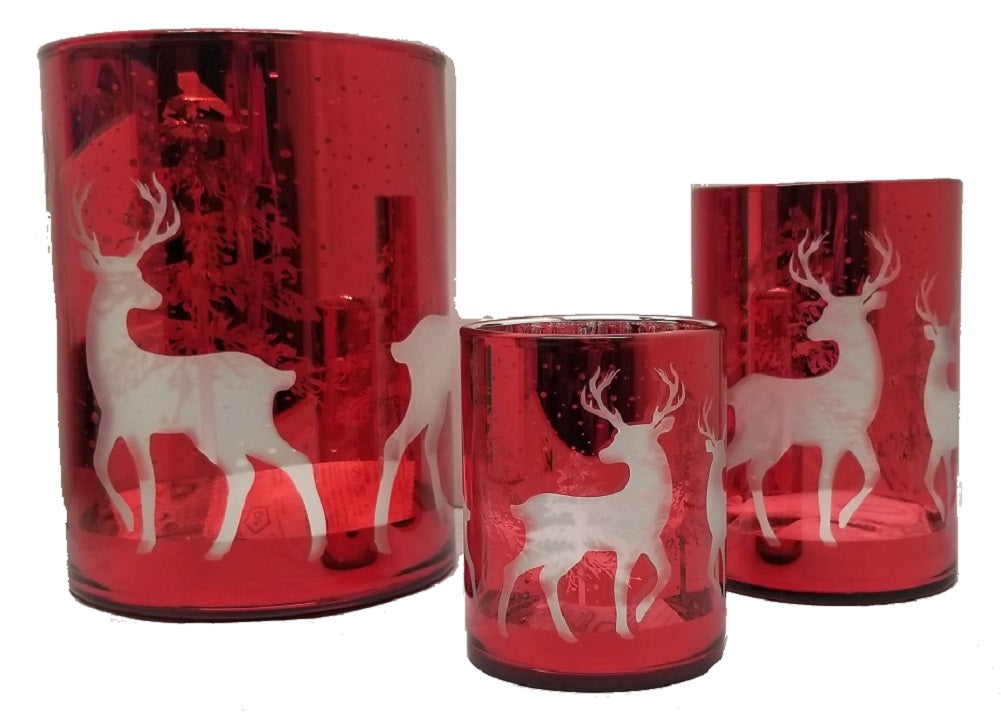 Festive Red Glass with Deer Candle Holders 3-Pack
