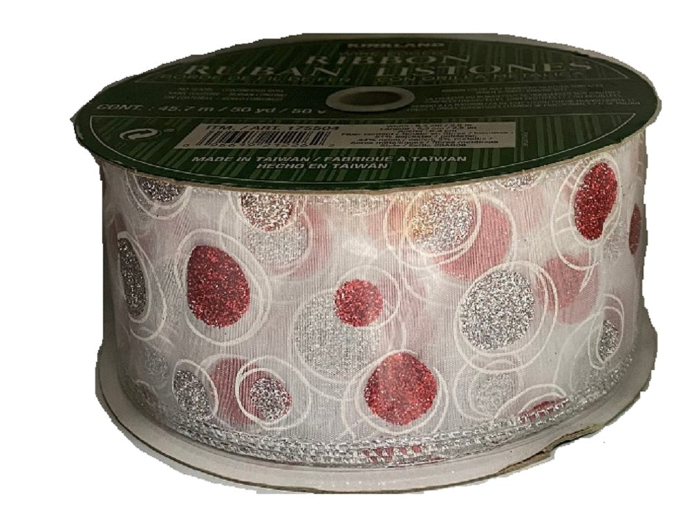 Kirkland Signature Christmas Red and Silver Dotted Silver Wired Edge Ribbon