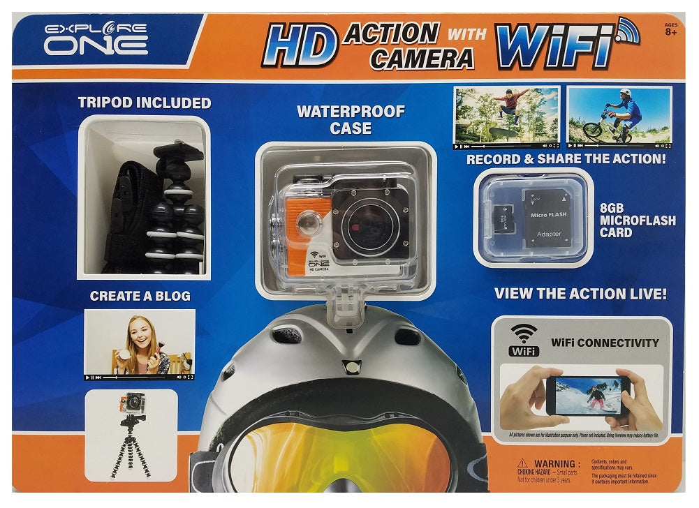 ExploreOne WiFI HD Action Camera w/ Tripod, Waterproof Case & 8GB Card ...