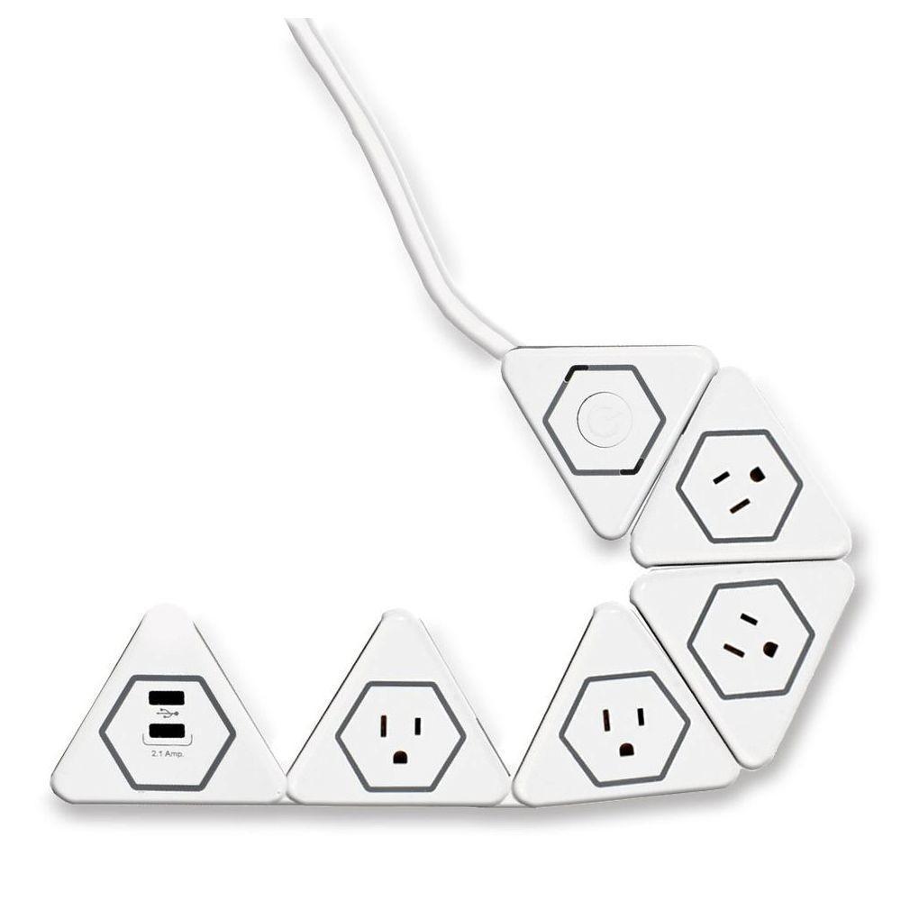 Globe Electric Surge Protected 4 Outlet Flexigon Power Strip 2 USB Ports, White