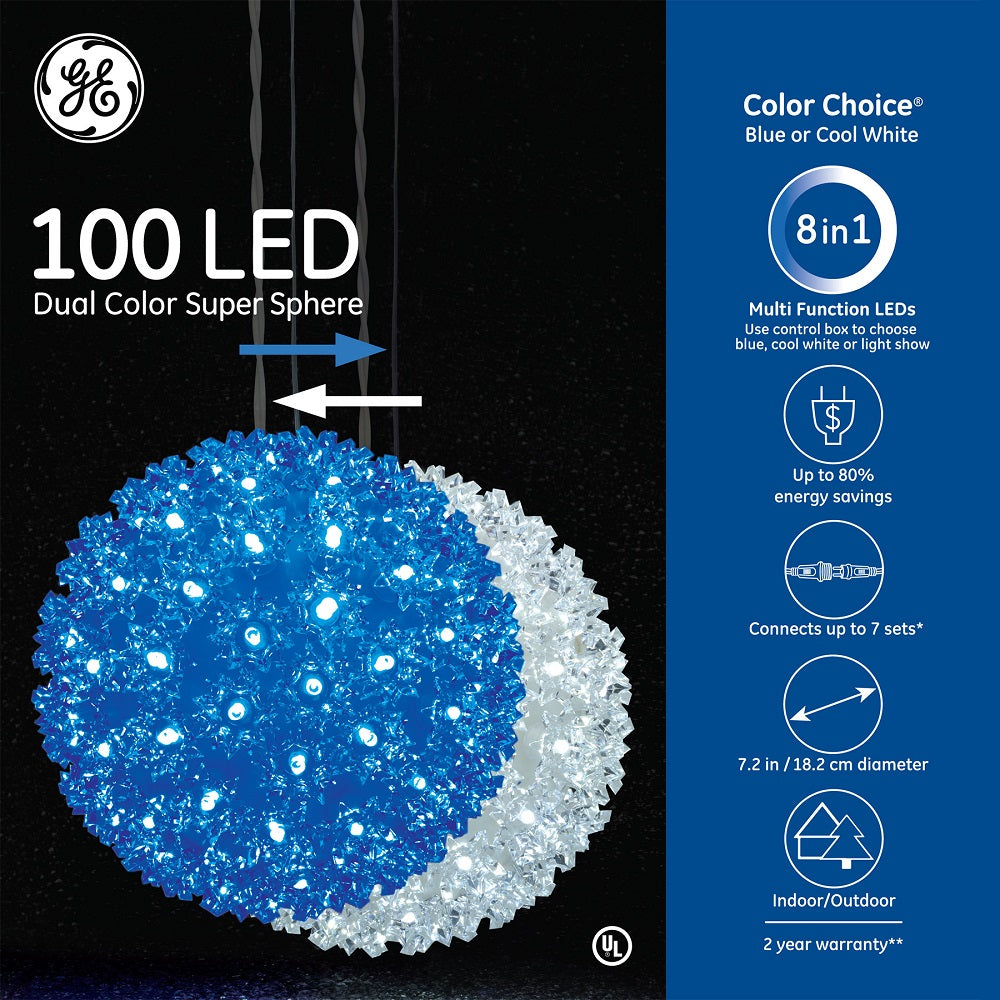 GE Color Choice 100 LED 7.2-in Dual Color Super Sphere Lights, Blue/Cool White