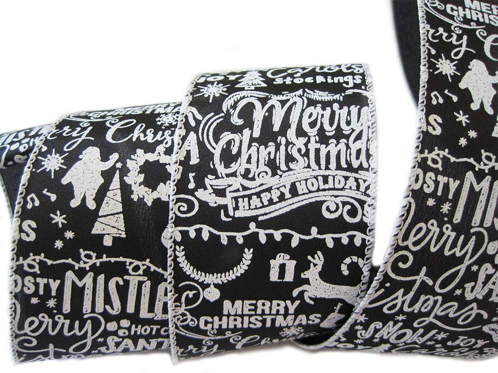 Holiday 50 Yards Designer Christmas Day Ribbon Wired 2.5" Wide Black White Merry Christmas Bow