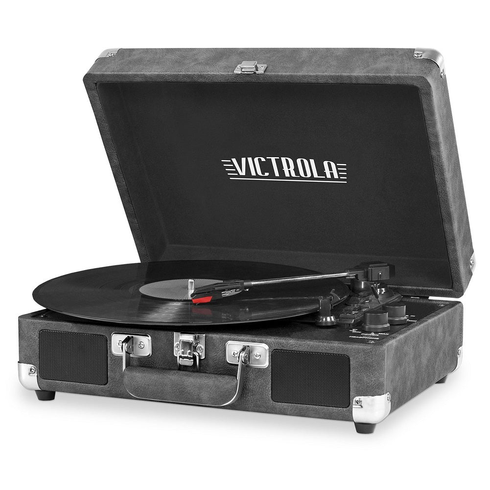 Portable Victrola Suitcase Record Player w/ Bluetooth & 3 Speed Turntable Gray