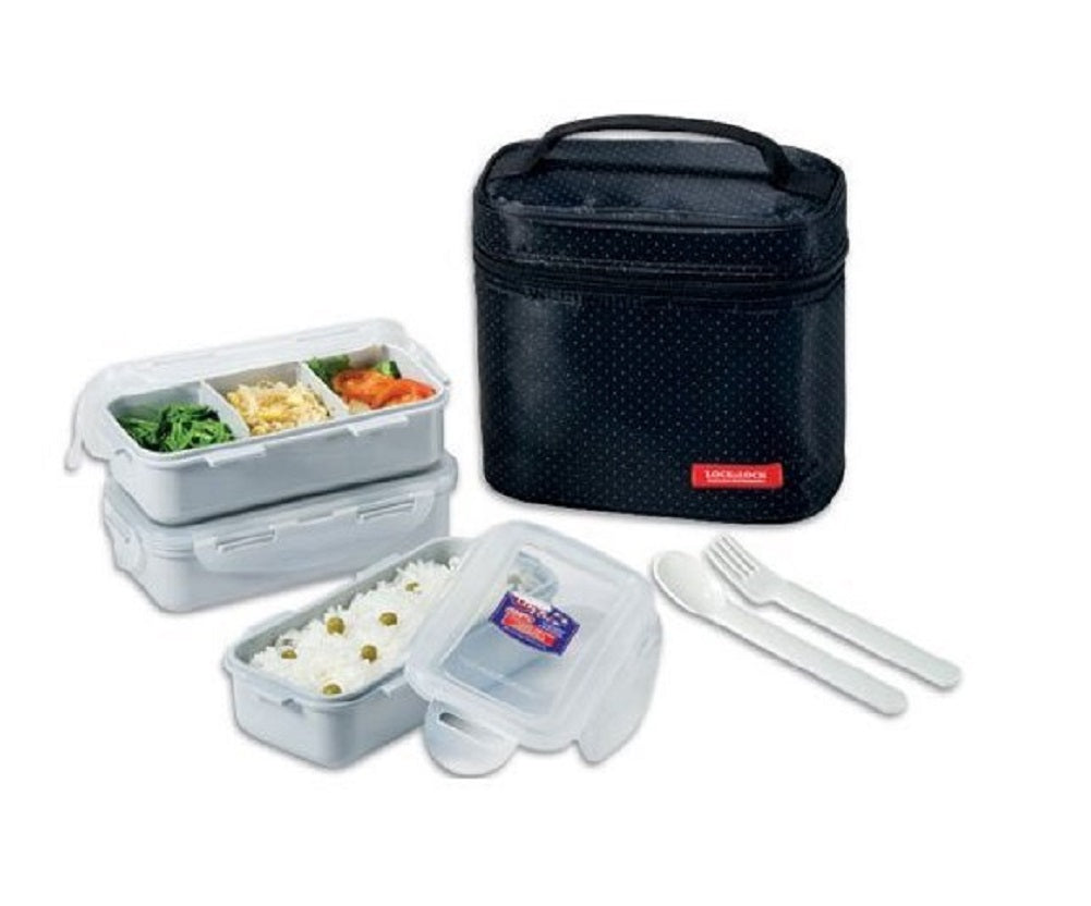 Lock&Lock Lunch Bag 3-Piece Set with Spoon & Fork, Black with Silver Dots
