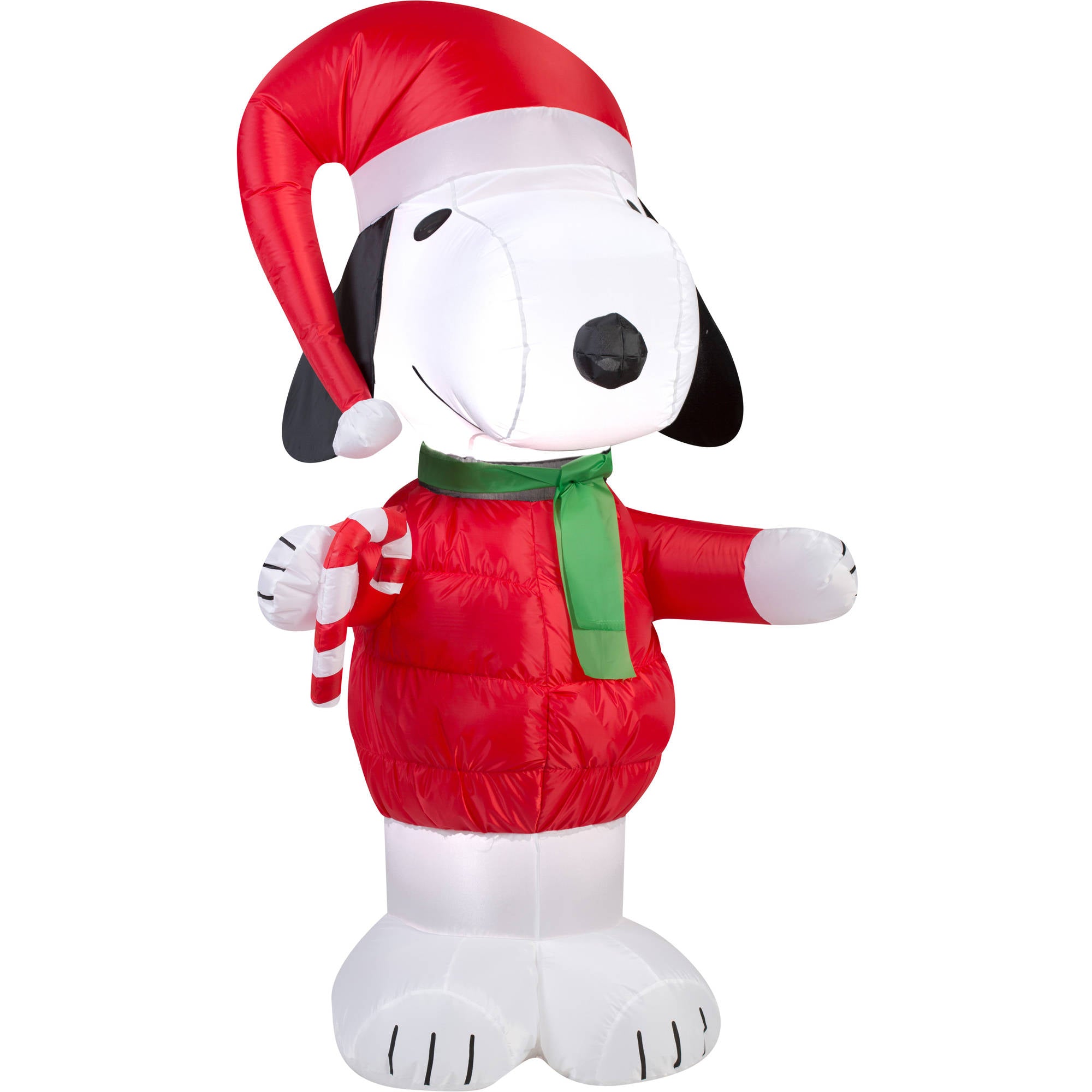 Peanuts Chirstmas Snoopy in Red Coat and Santa Hat with Candy Cane Inflatable Lawn Decoration