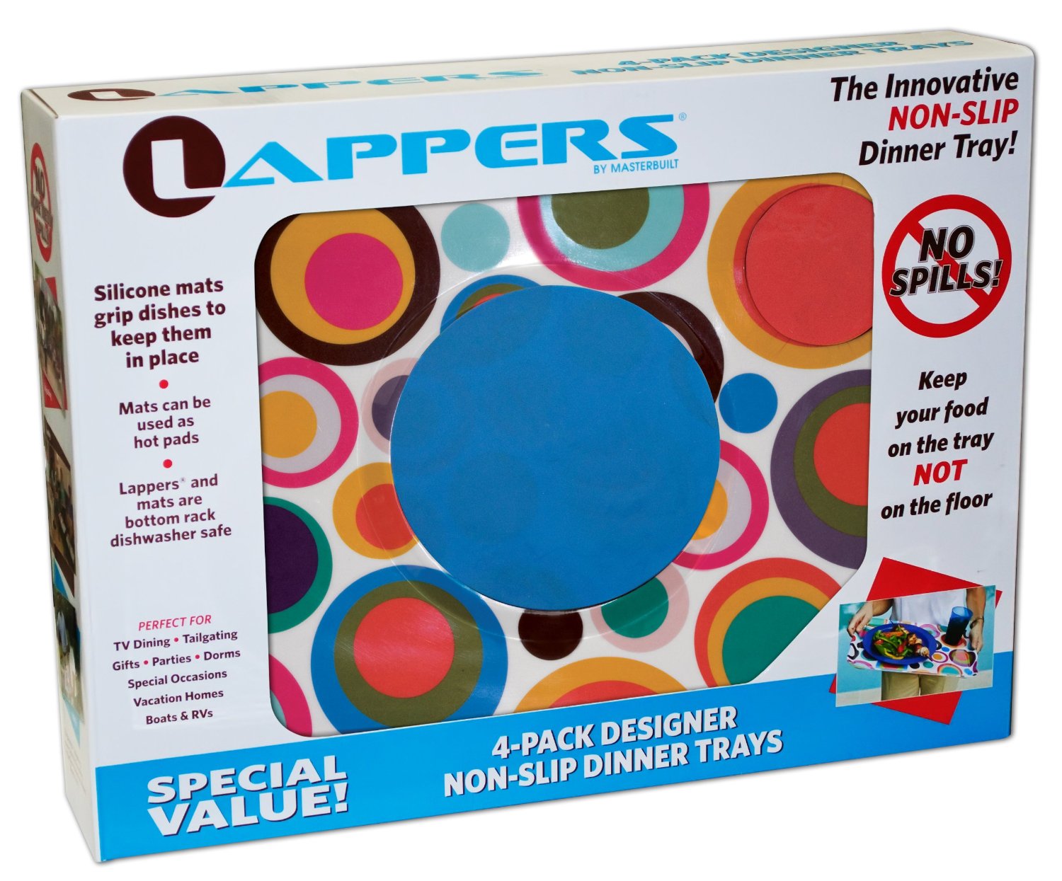 Lapper Trays with Circular Patterns Plus Non-Slip Plate and Cup Pads, 4 Trays Per Package