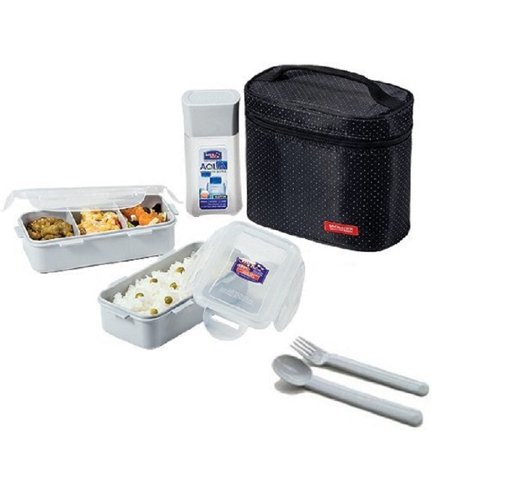Lock&Lock Lunch Bag Set 2-Pieces, Water Bottle, Spoon & Fork, Black w/ Silver