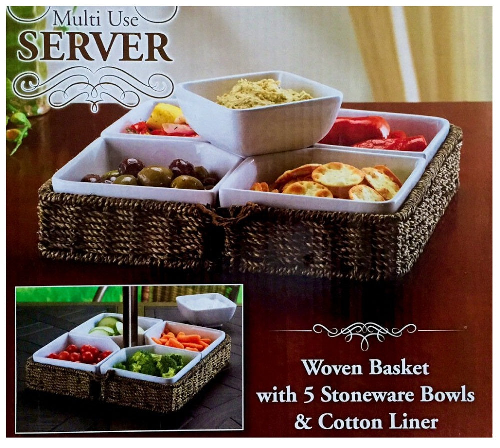 Multi Use Server Woven Basket with 5 Stoneware Bowls & Cotton Liner