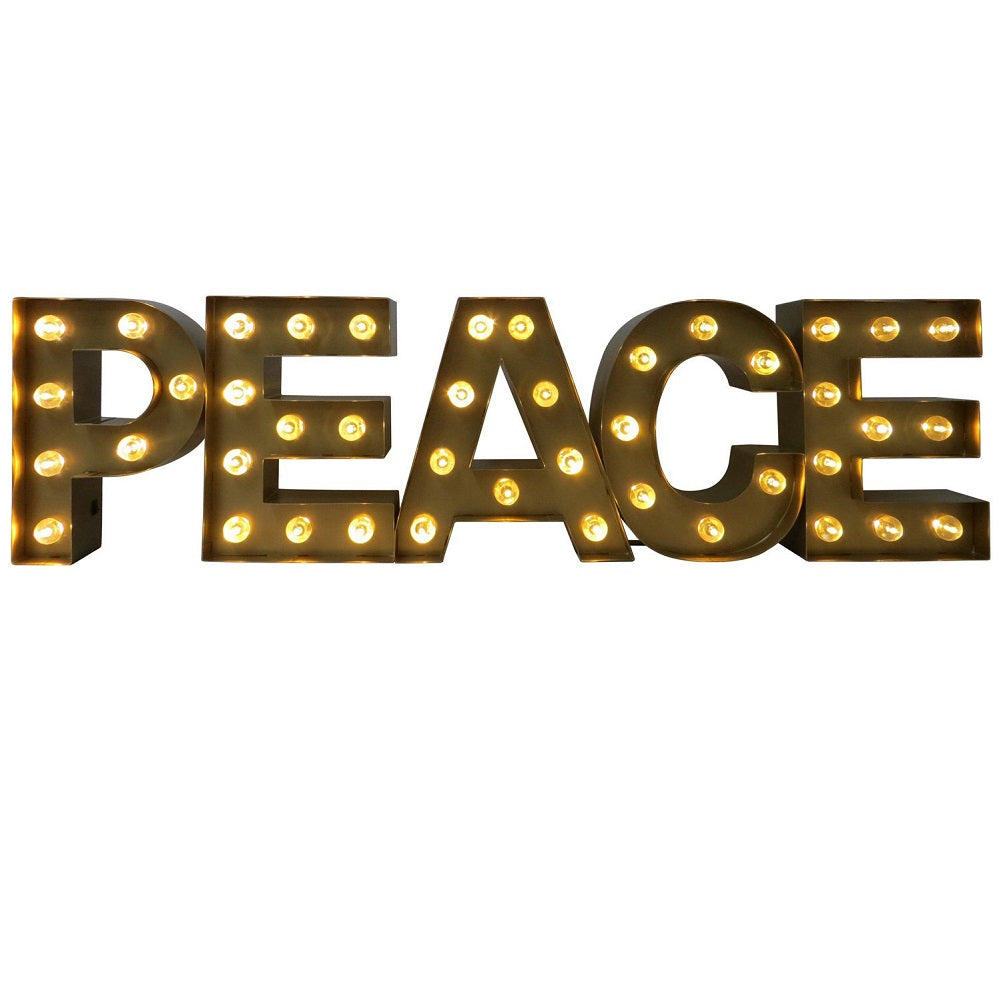 Extra Large Lighted Gold Metal PEACE Marquee Sign Battery Operated