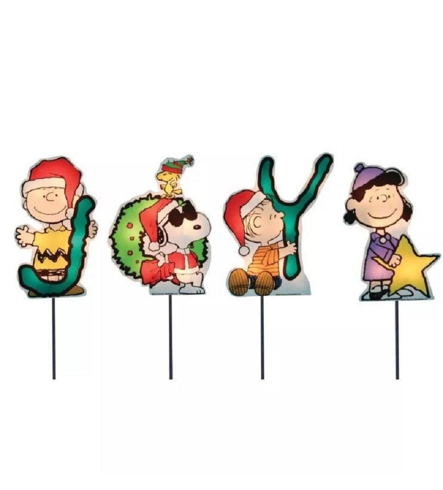 Set of 4 Pre-Lit JOY Peanuts and Snoopy Christmas Pathway Markers - Clear Lights ProductWorks