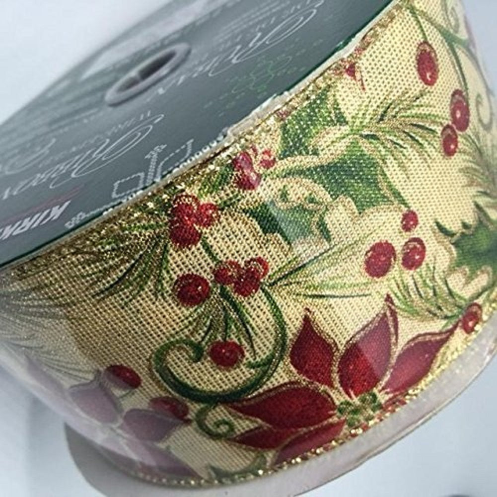 Kirkland Signature Wire Edged Ribbon Poinsettia Christmas Flower and Holly 50 yards 2.5 inches