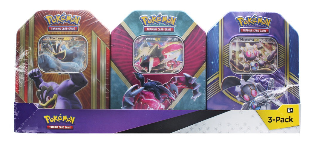 Pokemon Trading Card Tin 3 pack Purple Pack Machamp Yveltal Megearna
