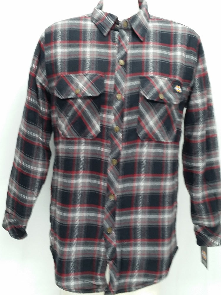 Dickies Men's Cotton Flannel Relaxed Fit Sherpa Lined Overshirt, Black/Red Small