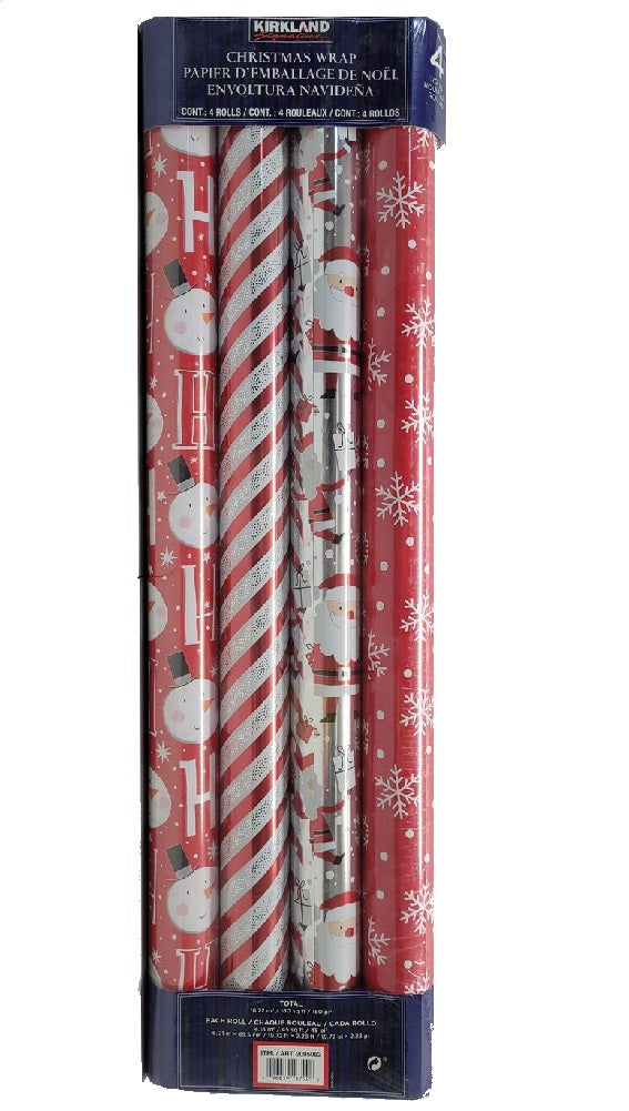 Kirkland Signature 4 Roll Christmas Gift Wrap 180 sq ft Total Red/Stripes/Silver/Red