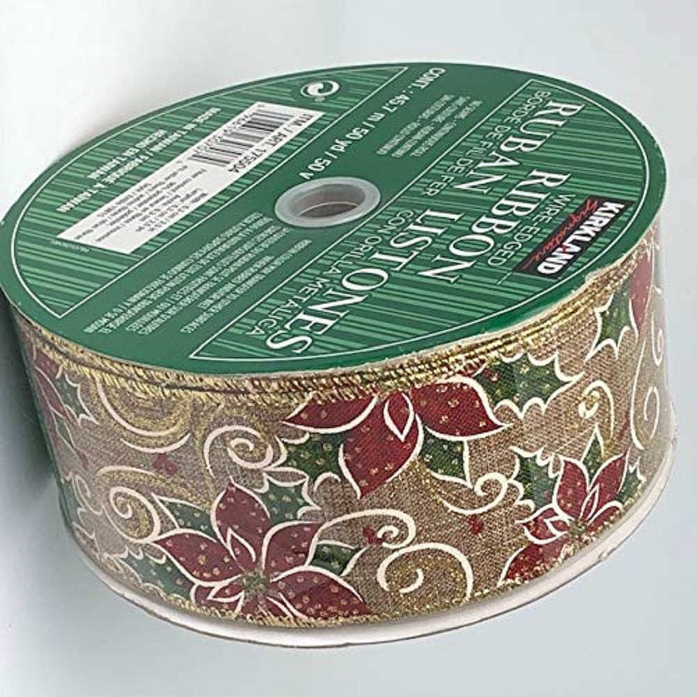 Kirkland Wire Edged Gold Trimmed Poinsettia Ribbon 50 Yards 2.5 inches Perfect for Christmas Bows