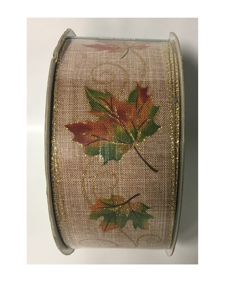 Fall Maple Leaves & Swirls Gold Wire Edge Premium Autumn Holiday Wreath Bow Gift Wrapping Ribbon 2.5" Wide by 50 Yds