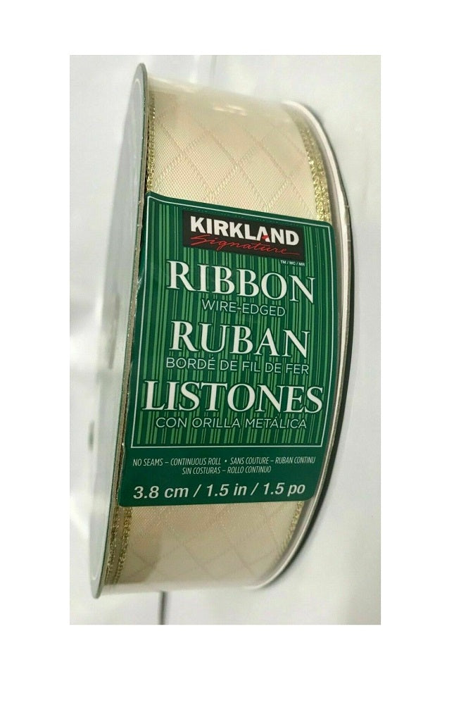 Kirkland Signature Wire edged Beige Diamond Argyle Gold Ribbon 50 Yards