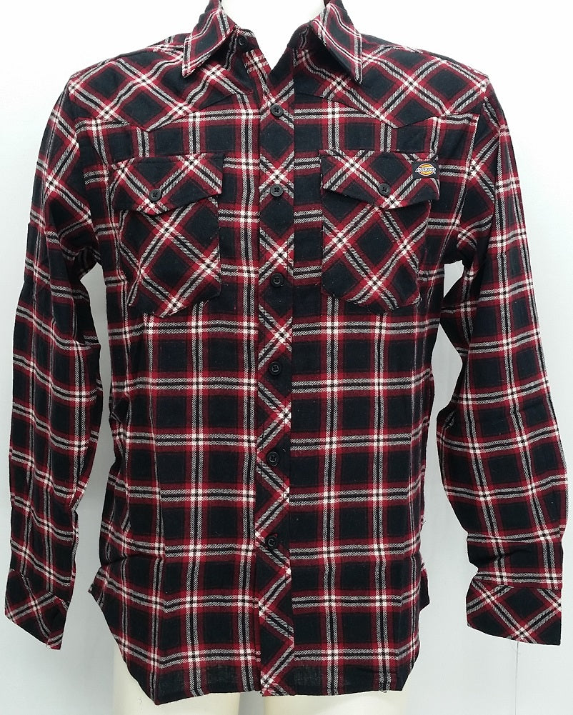 Dickies Men's Flannel Long Sleeve Button Down Shirt Black with Red, Large