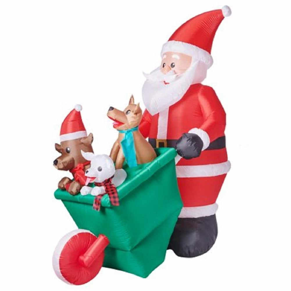 Santa's Wheelbarrow O' Pups Christmas Holiday Yard Decoration Inflatable, 7 Feet Tall