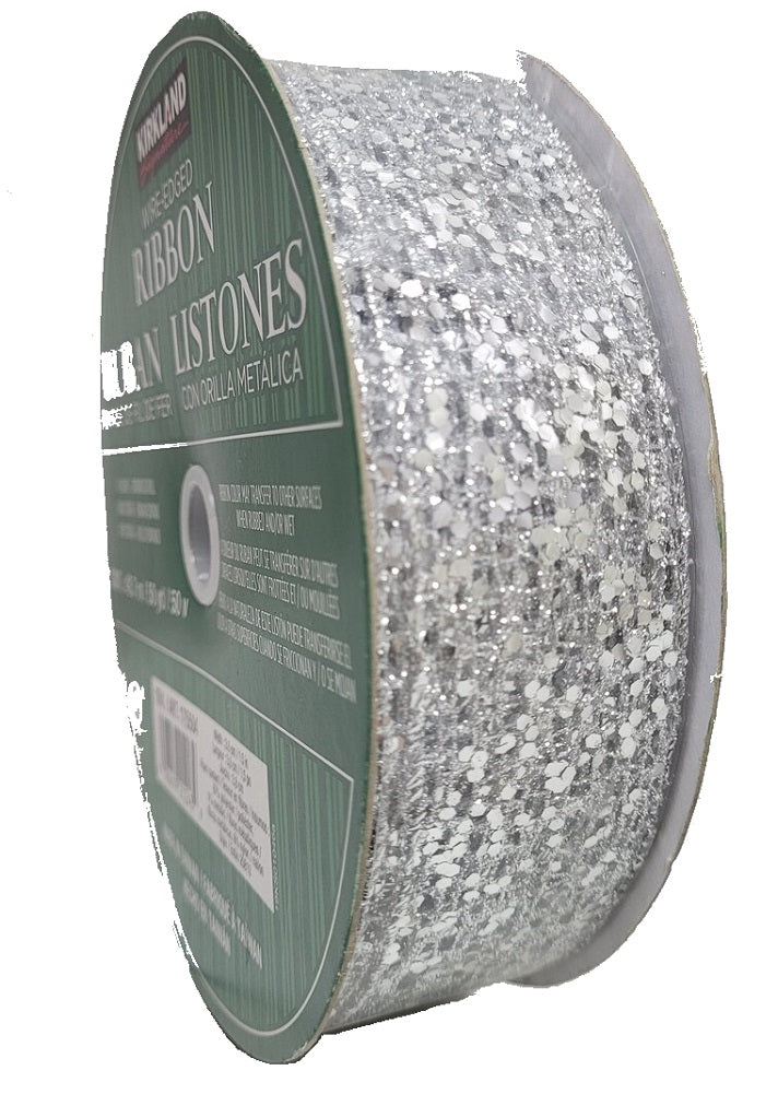 Kirkland Signature Wire Edged Silver Sequins Ribbon with 50 yards 1.5 inch