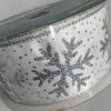 Kirkland Wire Edged Ribbon Silver Glitter Snowflakes on White 50 yards 2.5 inches