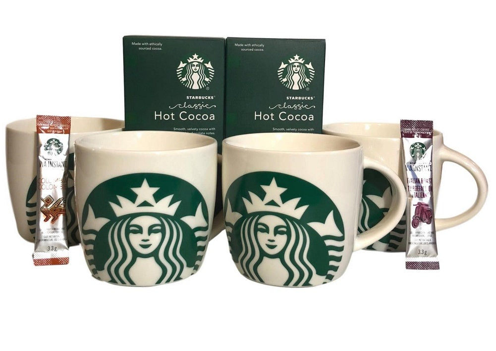 Starbucks Share the Cheer 4 14oz Mugs, 2 Starbucks Via Packets & 2 Coco
