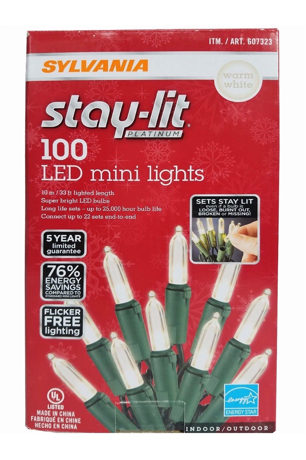 Sylvania Stay-Lit Platinum LED Indoor/Outdoor Christmas String Lights Warm White, 100 ct mini lights