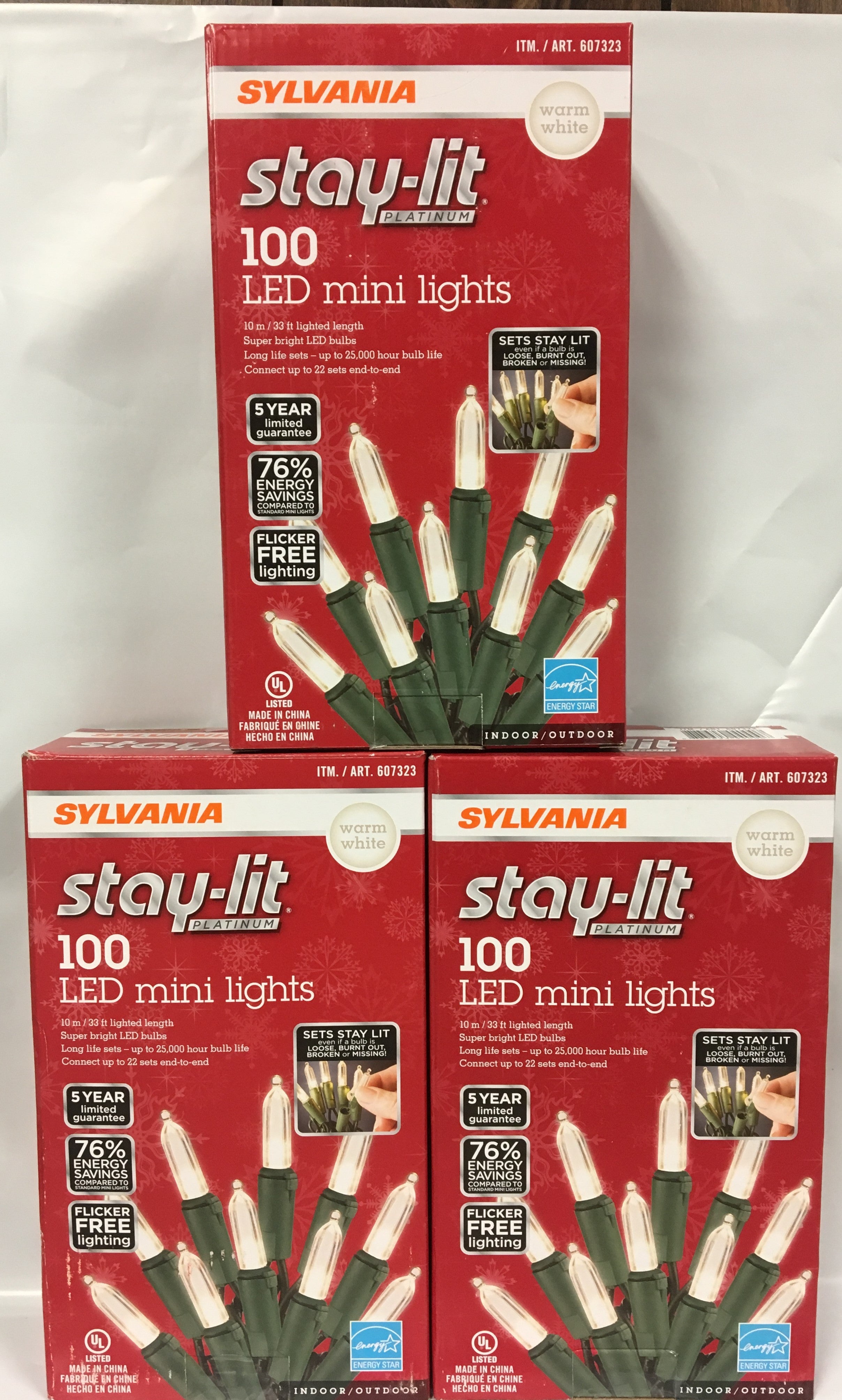 Sylvania Stay-Lit Platinum LED Indoor/Outdoor Christmas String Lights Warm White, 300 ct mini lights