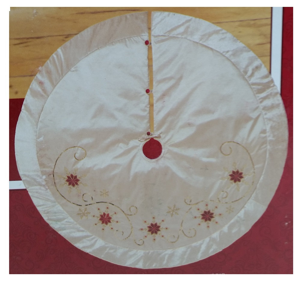 Adjustable Luxury Christmas Tree Skirt, Gold with Red and Gold Snowflakes