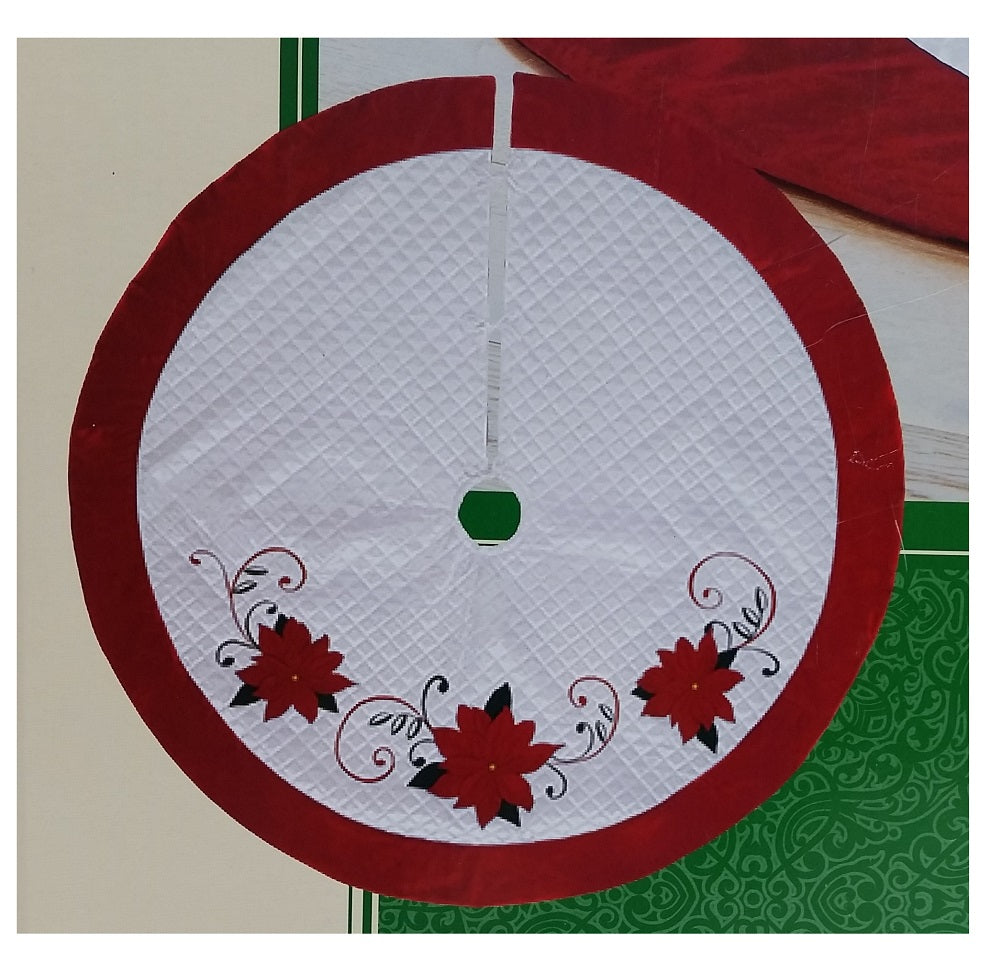 Adjustable Luxury Christmas Tree Skirt, White & Red Skirt with Red Poinsettia
