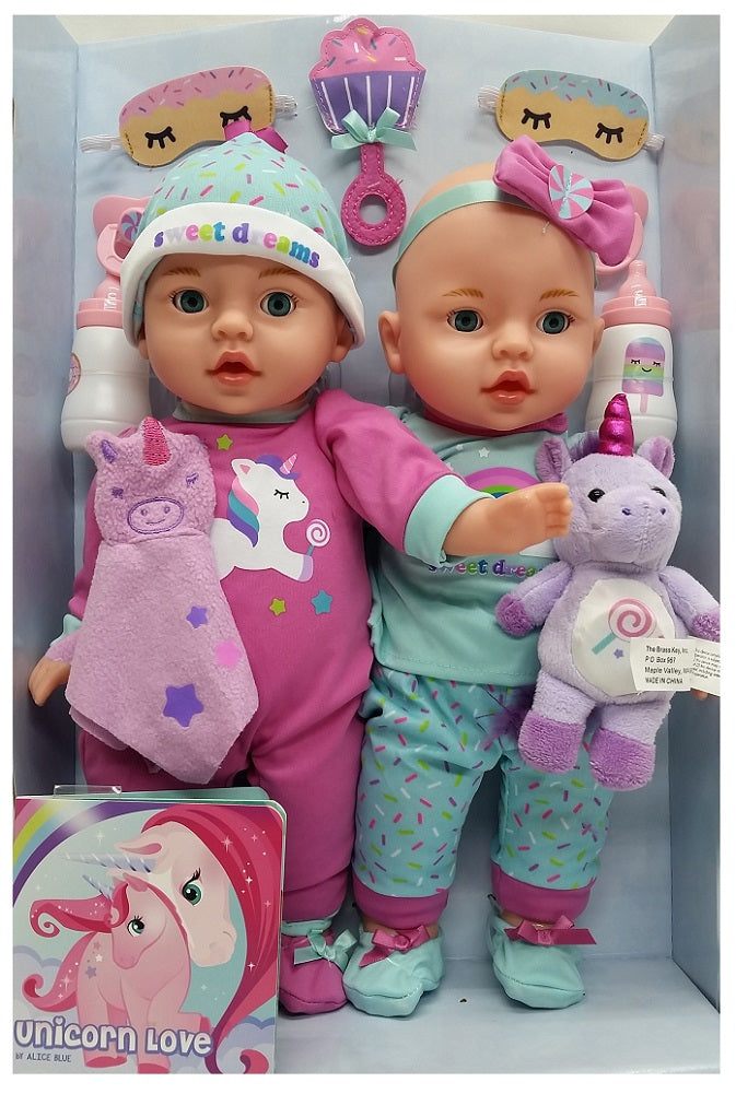 Celebrating Twins 15" Vinyl Twin Baby Doll Set Plush Unicorn (Blue Eyes)